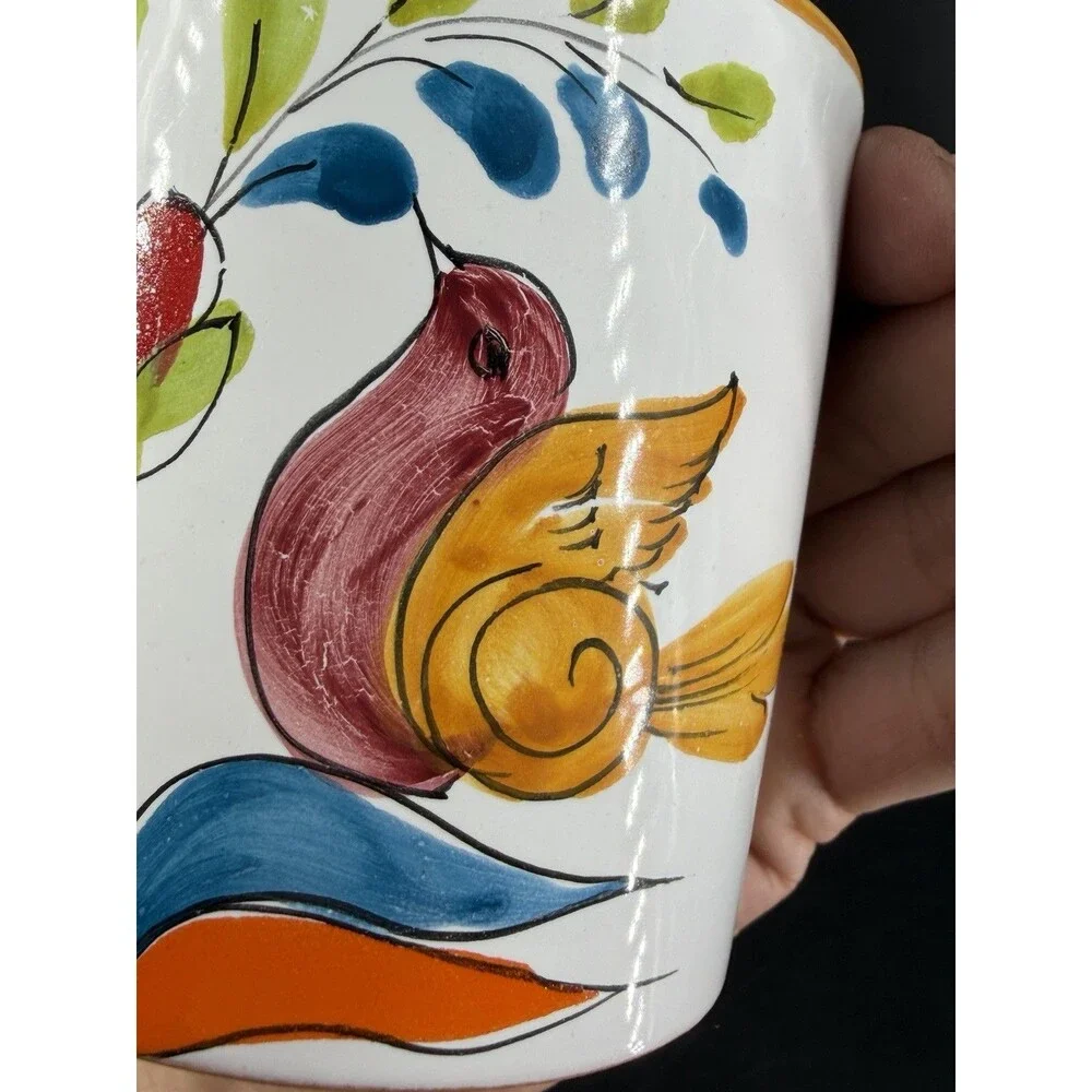 Italian Pottery Hand Painted Lidded Tea Canister Birds Flower Italy Vintage 70's